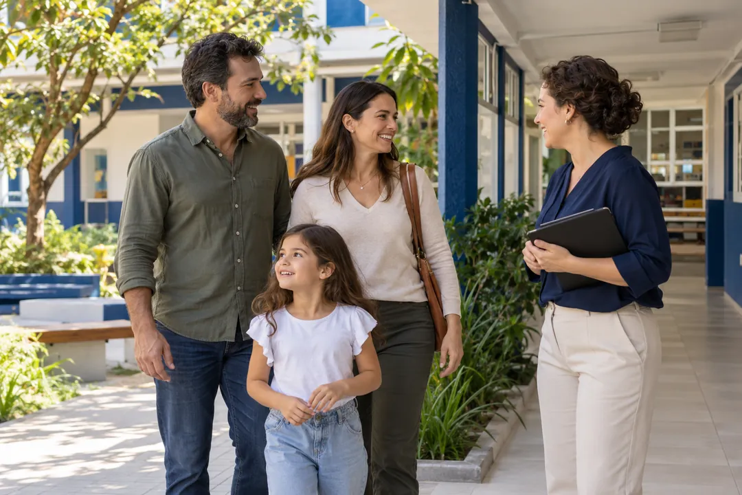 Uma família sendo recebida durante uma visita escolar ilustrativa.